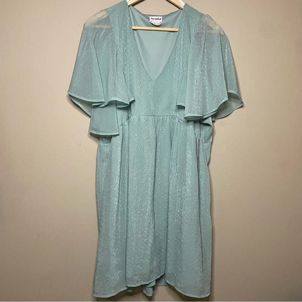 Arula Flutter Sleeve Dress 1X Mint Green V-Neck Casual New